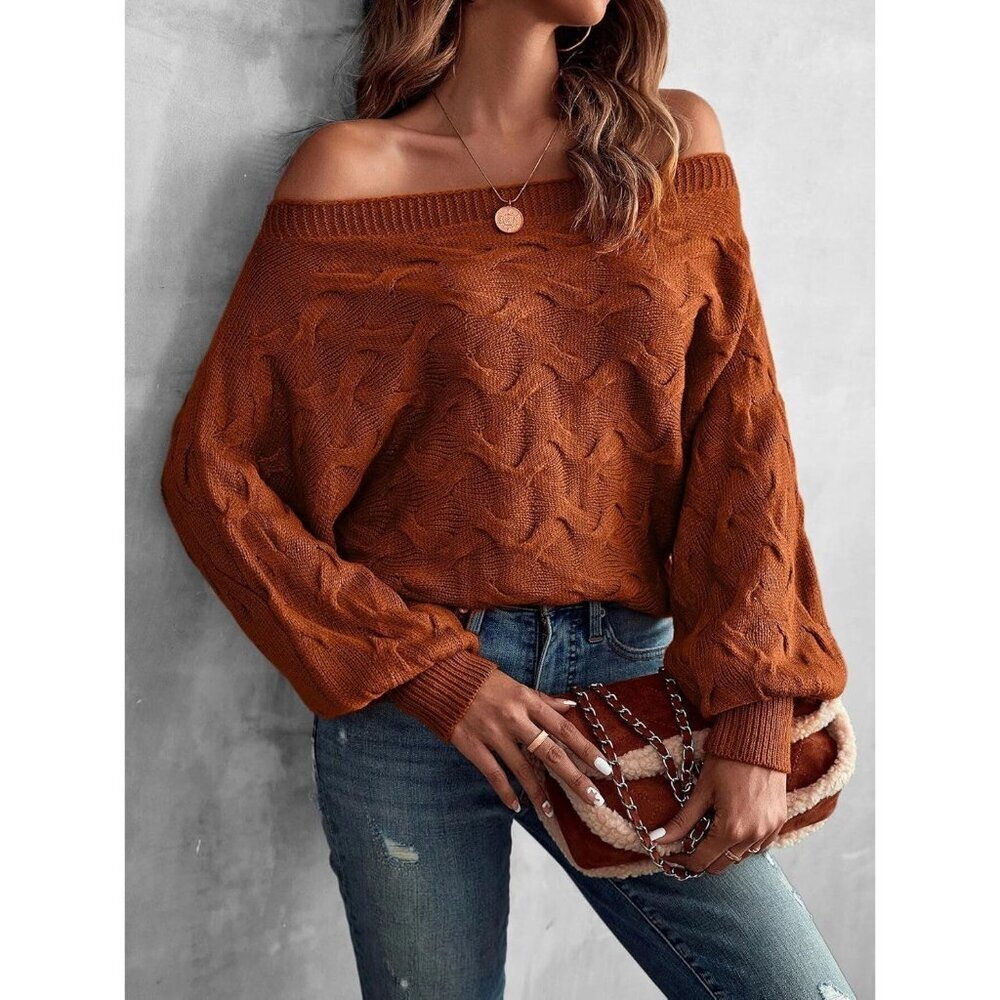 Women's Off the Shoulder Sweater Batwing Knit Pullover Fall Winter Casual - Picture 3 of 7
